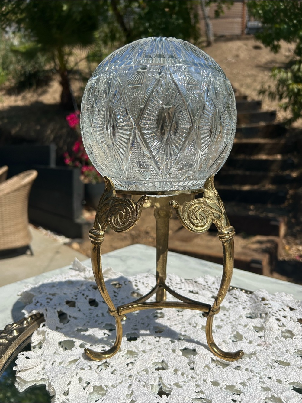 Brass Tripod Stand with Cut Crystal Globe - Clear